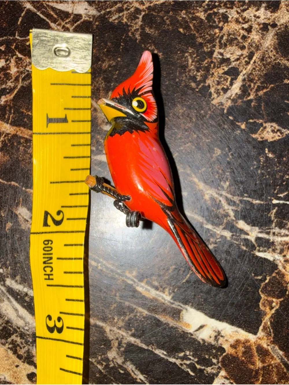 Red Cardinal Bird Perched Brooch/Pin- Hand Painted, Bright Red, Wood.  antique